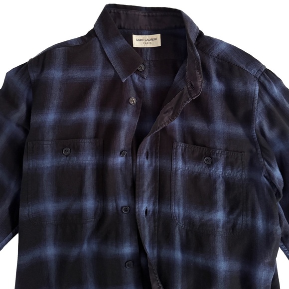Saint Laurent Men's Black and Blue Checkered Shirt